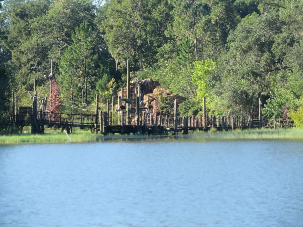 Overgrown wooden bridges and rockwork along the Bay Lake shoreline at the former River Country site.